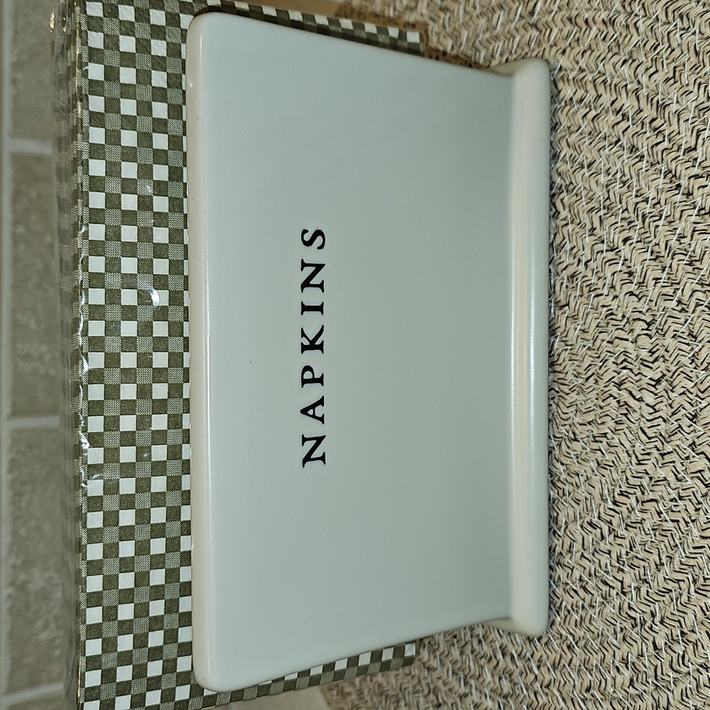 Hearth And Hand Ceramic Napkin Holder With New Package Of Checkered Napkins